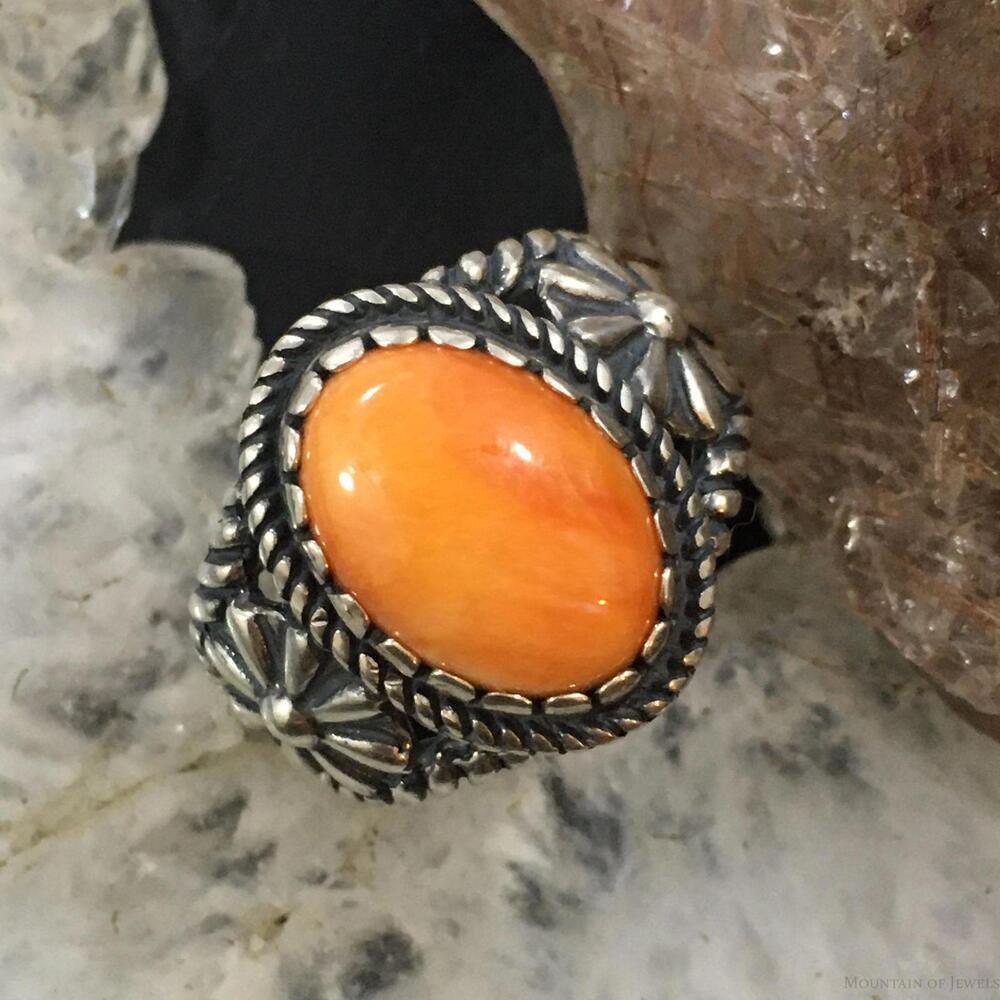 Carolyn Pollack Vintage Sterling Silver Oval Orange Spiny Oyster Decorated Ring